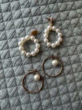 Classic Pearl Hoop Earrings - Cream Pearls with Gold Accents 2 Pair Set
